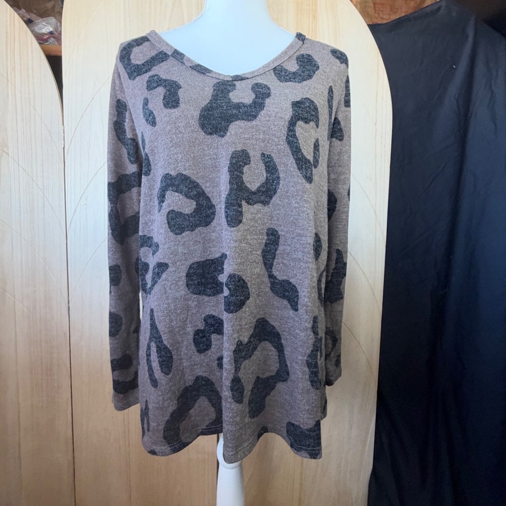 Bibi Tunic Top S Brown Leopard Animal Print V-Neck High Low Casual BT1185-58